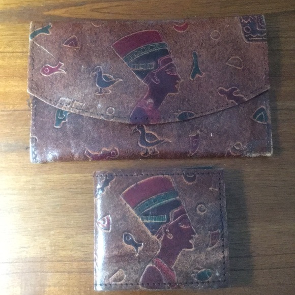 Handbags - Genuine Leather Egyptian Hand Tooled Wallet Set
